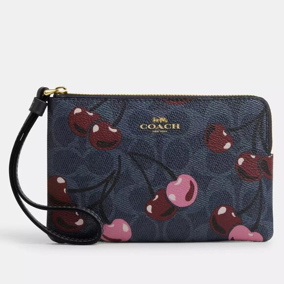 NWT - Corner Zip Wristlet In Signature Canvas W/ Cherry Print Color: Gold/Denim - Picture 6 of 6